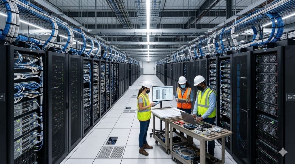 Modern data center operations: technicians monitoring infrastructure in server aisle with cabling and cooling systems.