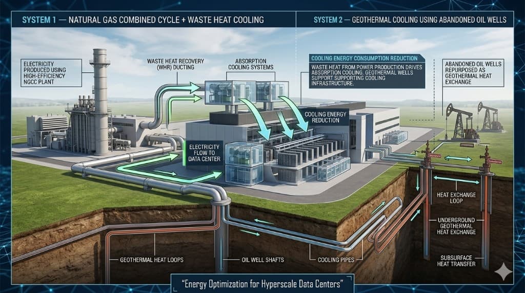 Energy optimization for hyperscale data centers: natural gas combined cycle and waste heat cooling, geothermal cooling data center infrastructure, data center cooling efficiency.
