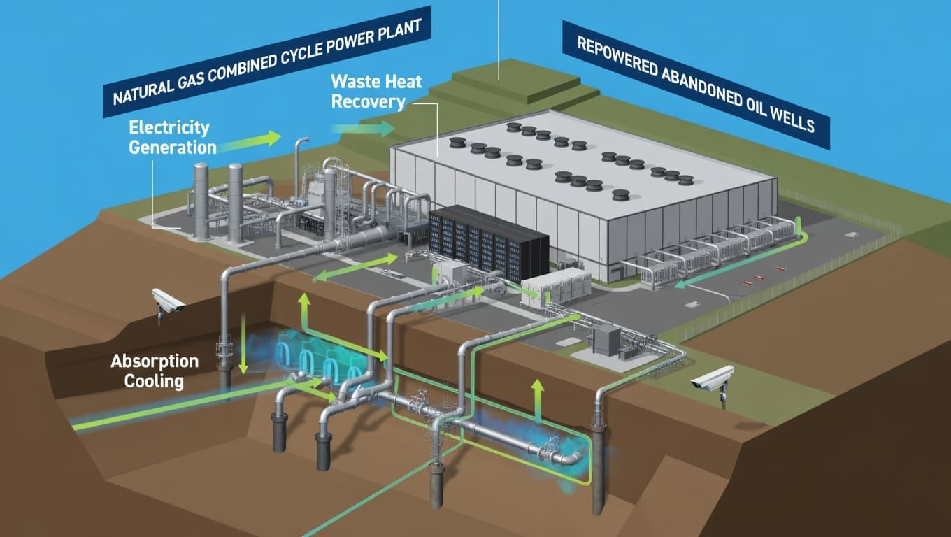 Data center energy optimization: natural gas combined cycle with waste heat recovery and absorption cooling; geothermal cooling using abandoned oil wells and subsurface heat exchange for hyperscale data centers.