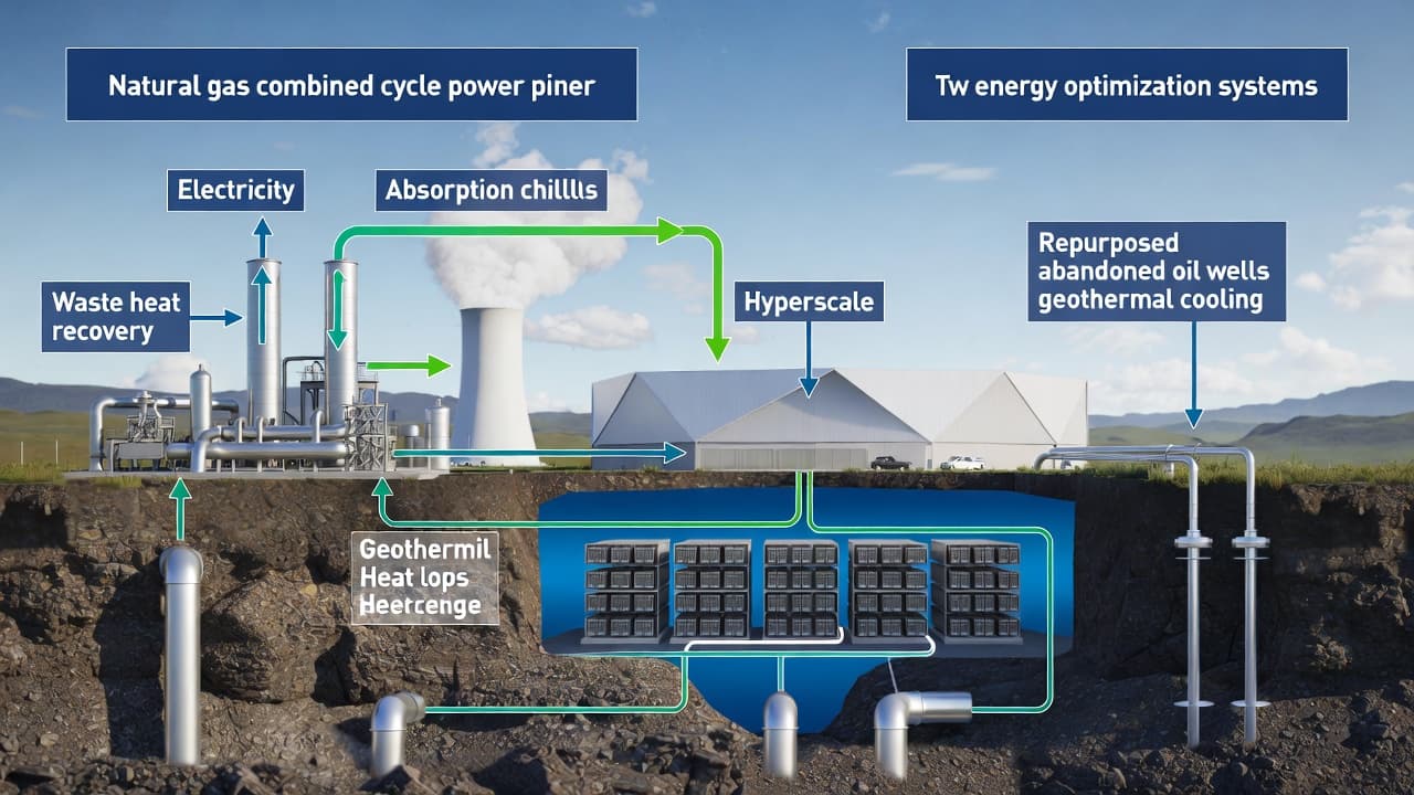 Data center energy optimization: natural gas combined cycle with waste heat recovery and absorption cooling; geothermal cooling using abandoned oil wells and subsurface heat exchange for hyperscale data centers.
